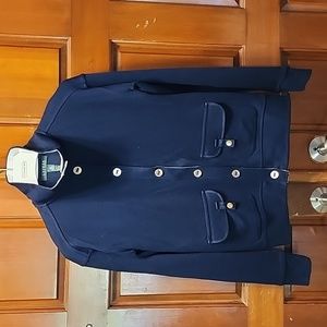 LRL navy blue knit sweater gold buttons mock neck
